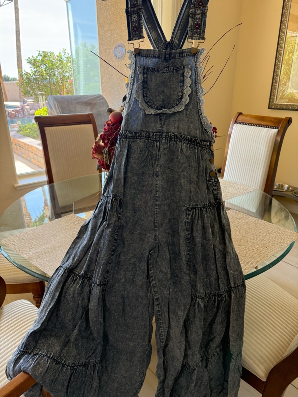 Free People Washed Black Denim Tiered Jumper Dress with Embroidered Straps - Picture 4 of 5